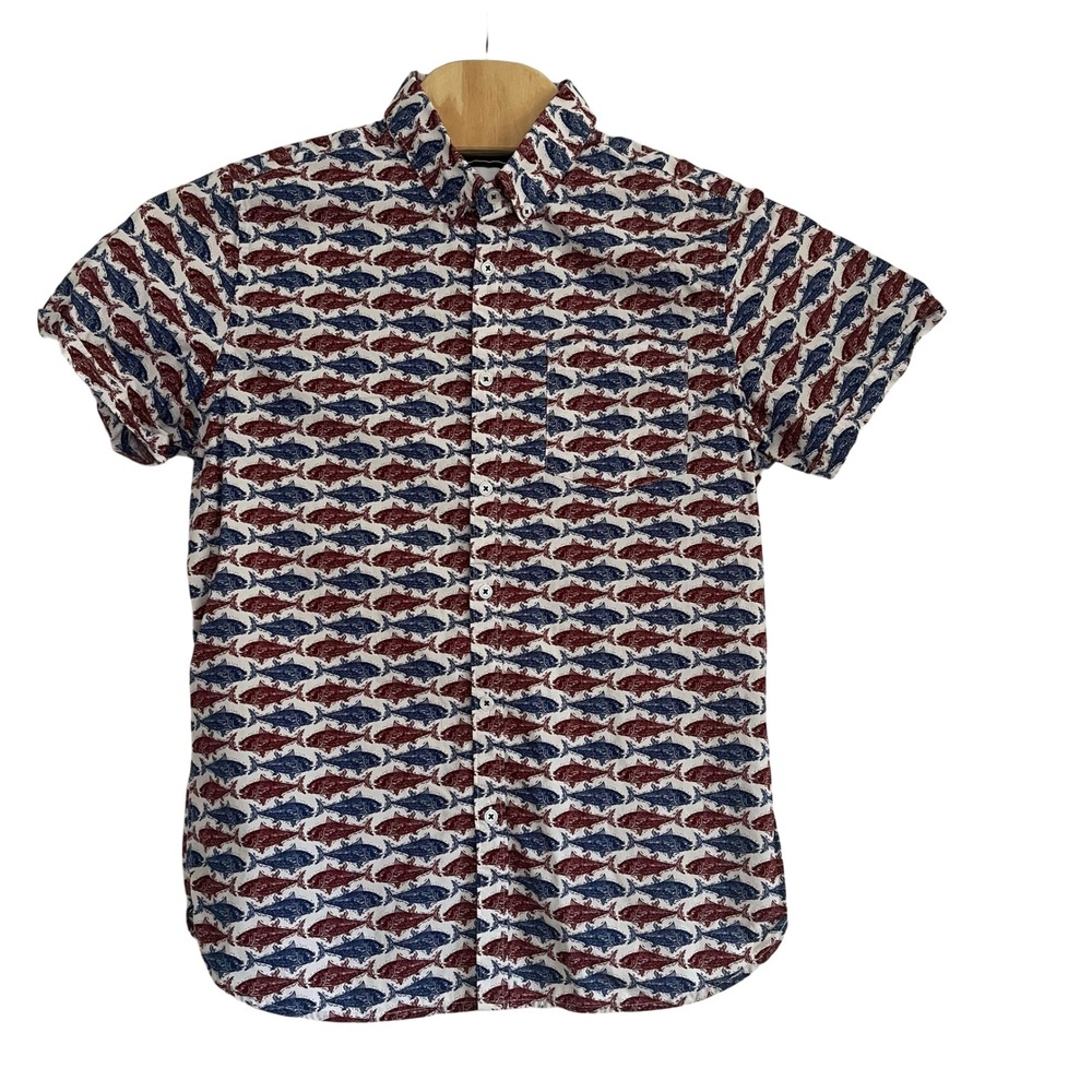 Zipcode Fish Print Shirt Mens Large White Red Blue Short Sleeve Cotton
